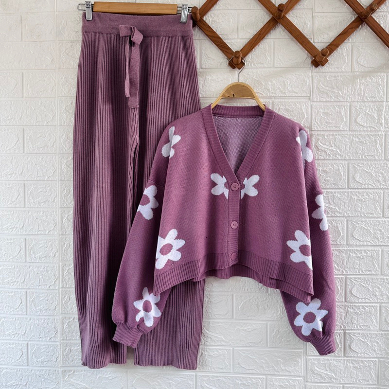 ONESET CARDIGAN KANYA FLOWER SETELAN CELANA KULOT WANITA