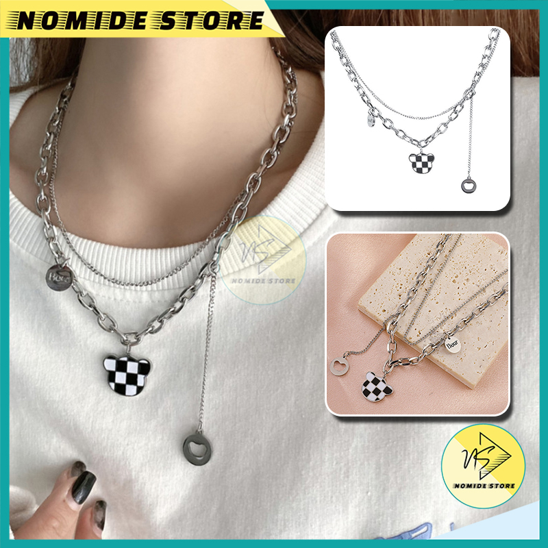Kalung Titanium Wanita Korea Model Rantai Checkerboard Hitam Putih Perhiasan 1 Set 2 Layer Liontin B