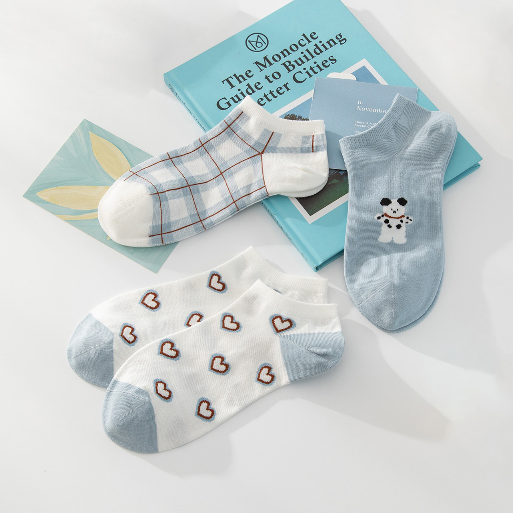 MOGYMOGY KS40 Kaos Kaki Motif Kaos Kaki Semata Kaki Kaos Kaki Beruang Kecil Biru Kaos Kaki Ankle Women Socks