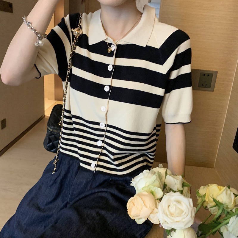 Chiquita atasan polo korea rajut garis striped retro casual