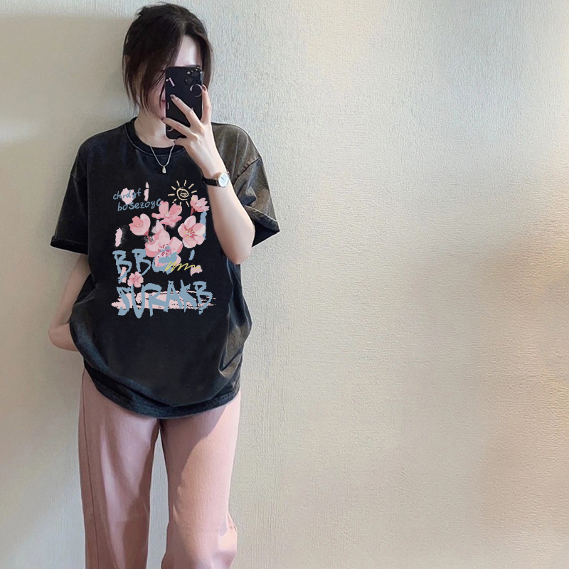 Print Washed T-shirt Kaos Lengan Pendek Oversize Cartoon Cherry Blossoms Korean Style Atasan Wanita