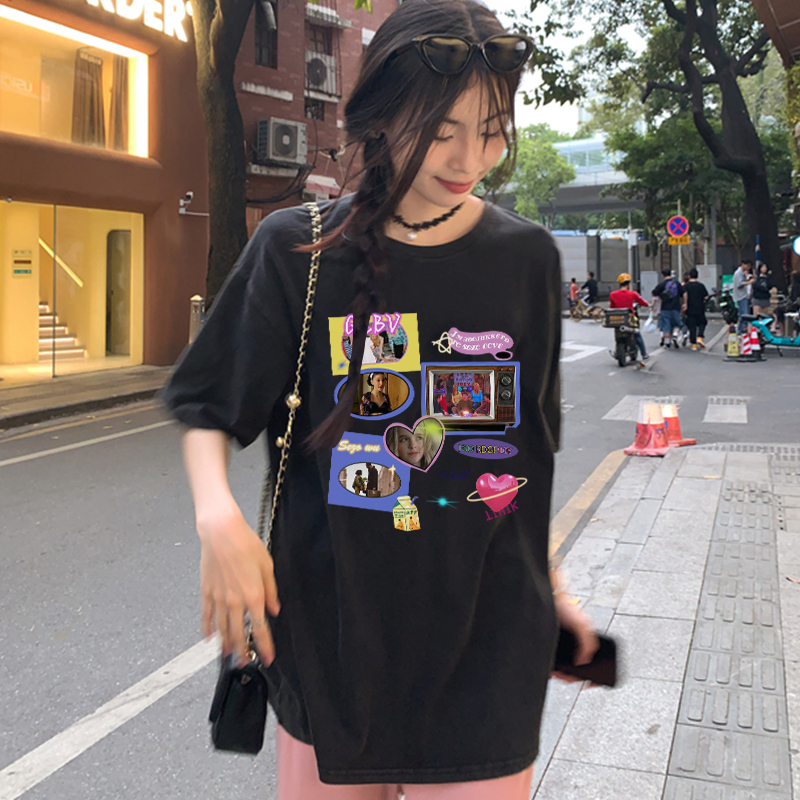 Print Washed T-shirt Kaos Lengan Pendek Oversize Retro CD Player Korean Style Atasan Wanita