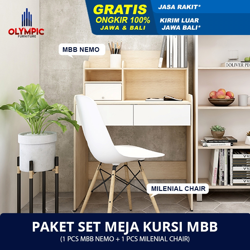 Olympic Paket Hemat Set Meja Kursi Belajar / Minimalis / MBB NEMO + MILENIAL CHAIR