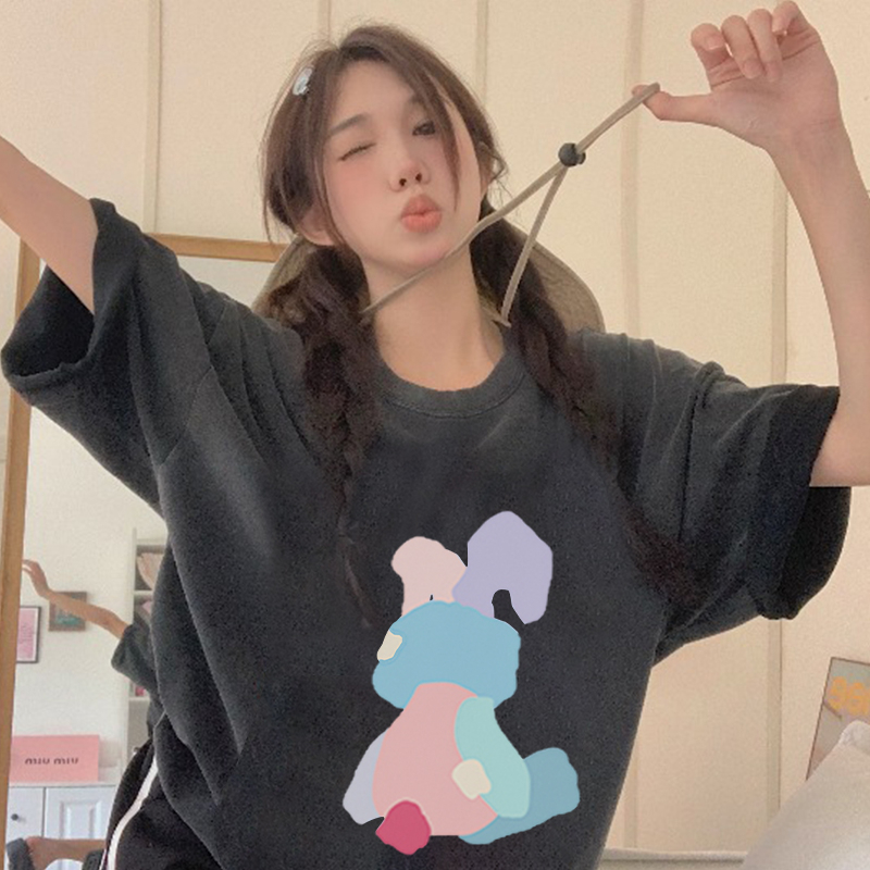 Print Washed T-shirt Kaos Lengan Pendek Oversize Cartoon Rainbow Bunny Korean Style Atasan Wanita