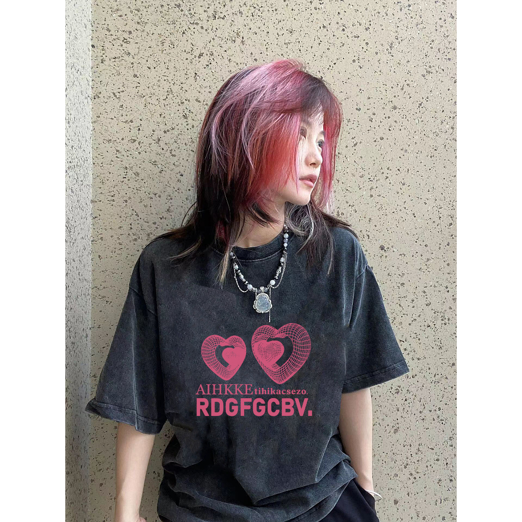 EUNII T-shirt Lengan Pendek Black Washed RDGFGCBV Pink Heart Printing Korean Style/Kaos Atasan Wanita/Baju Wanita/Kaos Wanita