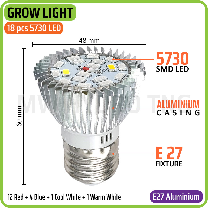 LED Plant Grow Light, E27 Aluminium Case, 18 pcs 5730 SMD LED (Red + Blue + Cool White + Warm White) - Lampu Tumbuh Tanaman