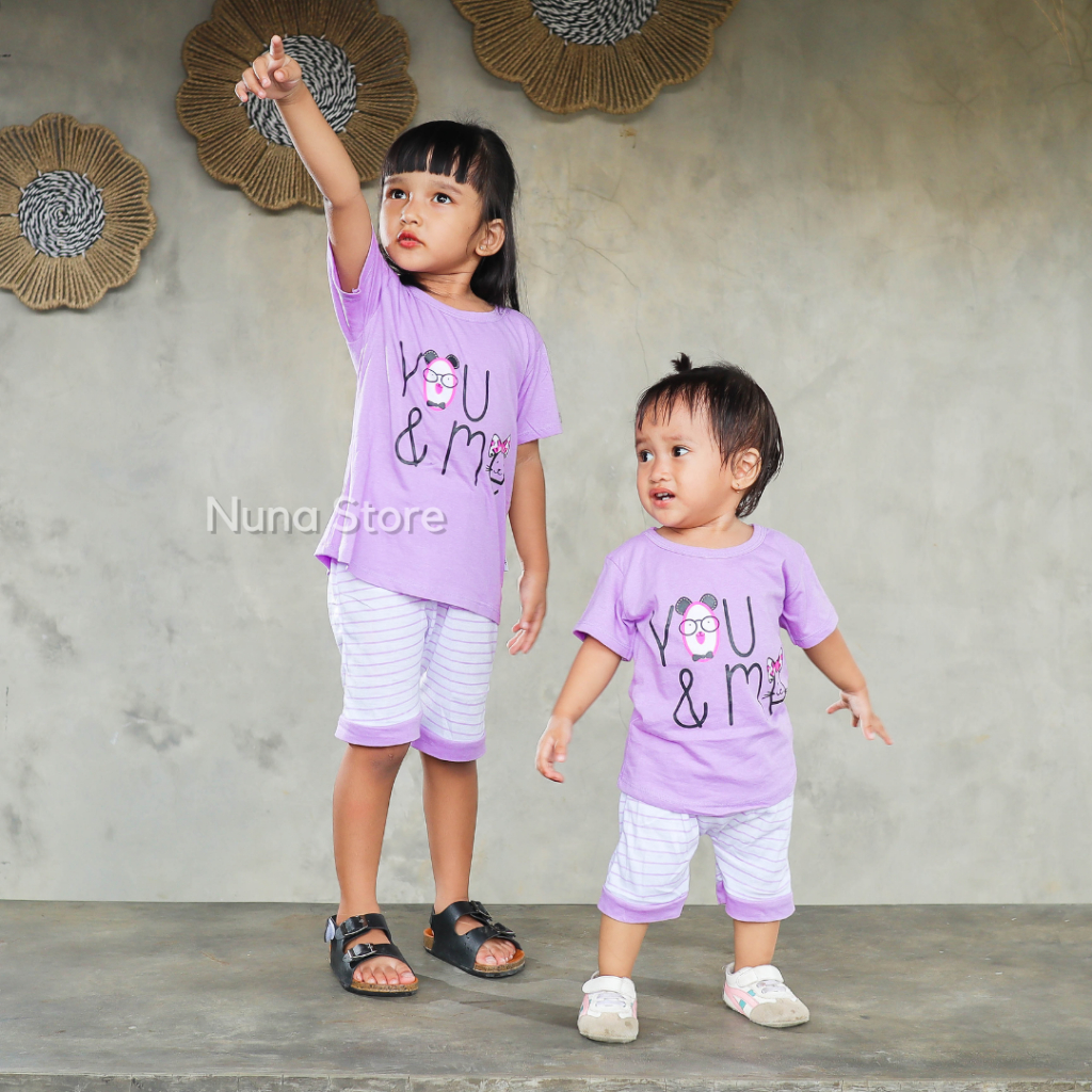 Nuna Store Baju anak perempuan Motif You &amp; Me / Setelan Baju Bayi / Anak Bayi Perempuan / Anak Bayi Cewek Usia 0 Bulan - 3 Tahun