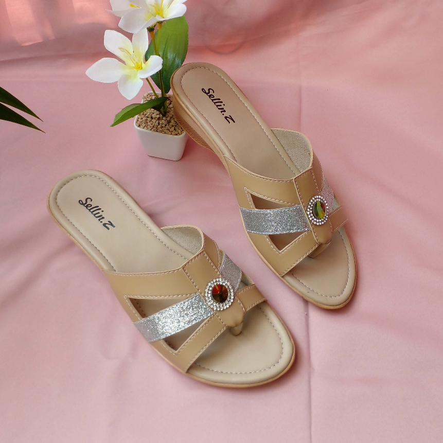 Sandal Wedges wanita Jepit Slide Jempol Mutiara Heels Rendah 3Cm  Sandal Ibu Kondangan Hak 3cm