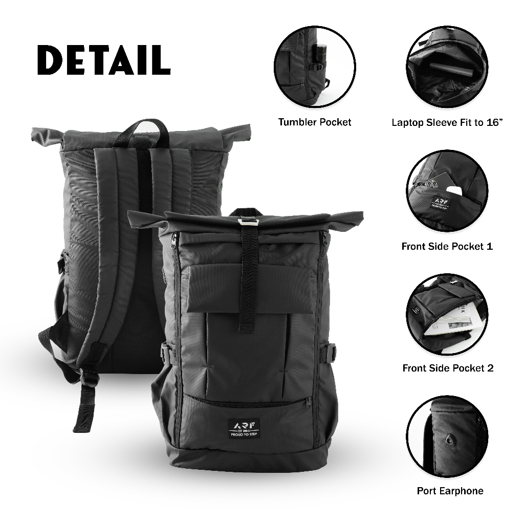 Tas Ransel Punggung Pria Outdoor Backpack Laptop Waterproof Sekolah Kerja Hangout Travelling Original Arf Black Cmrn