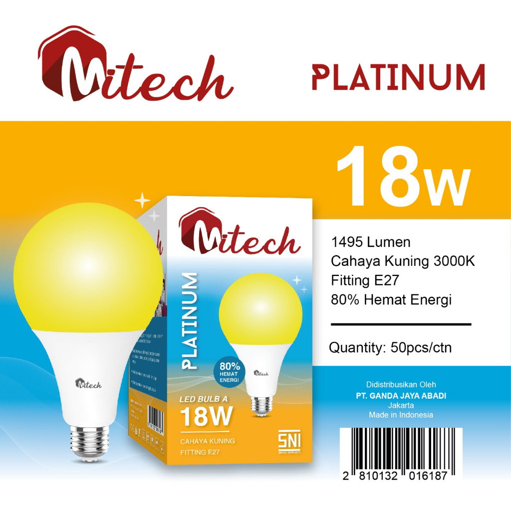 Lampu Bohlam Led Bulb Murah MITECH PLATINUM SNI Kuning 3000K