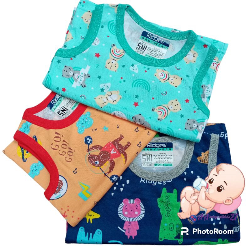 Ridges 3PC Kaos Bayi Lengan Kutung Full Print Ukuran S M L XL Lembut dan SNI