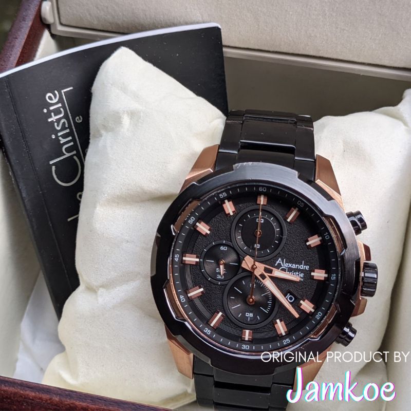 Jam Tangan Alexandre Christie Type 6523 MC Pria Original Anti Air Strap Rantai Hitam Stainlist Water