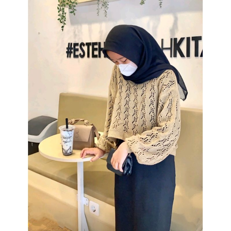 SWEATER CROP TOP KOREAN OVERSIZE LENGAN BALON Ester Sweater Crop OUTER BLOUSE ATASAN RAJUT