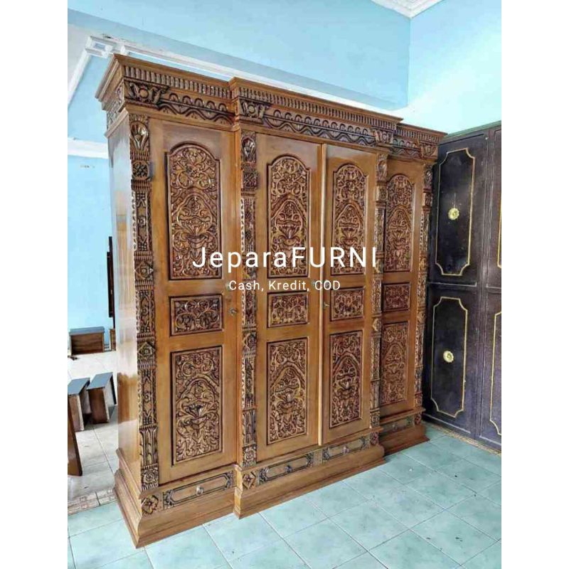 ALMARI Pakaian Gebyok Ukir 4 Pintu Kayu Jati Jepara