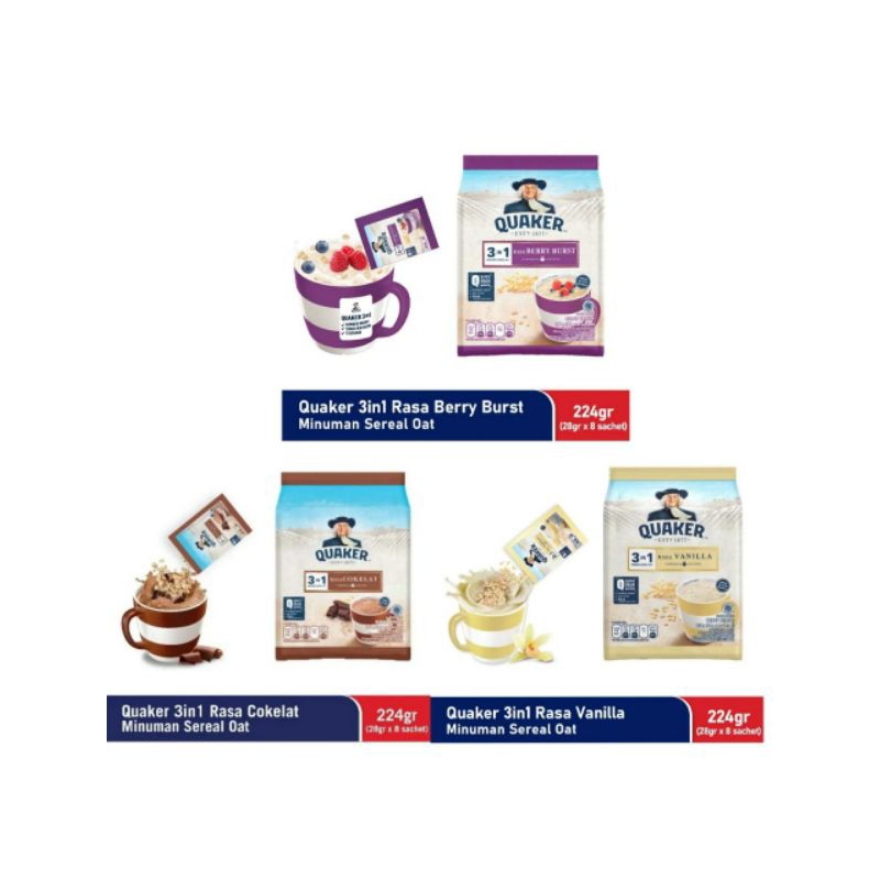 Quaker 3in1 Berry Burst Vanilla Cokelat Minuman Sereal Oat 224gr (24gr x 8 sachet)