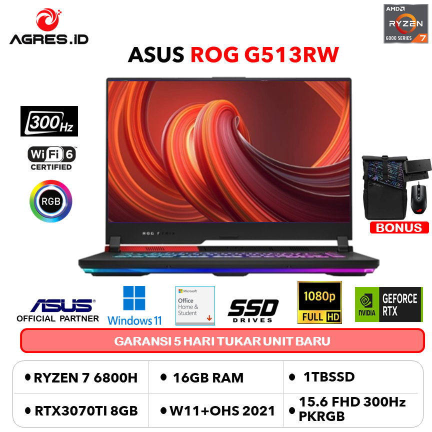 ASUS ROG G513RW R77RD6GO RYZEN 7 6800H 16GB 1TBSSD RTX3070TI 8GB W11+OHS 15.6FHD 300HZ PKRGB CAM MS 