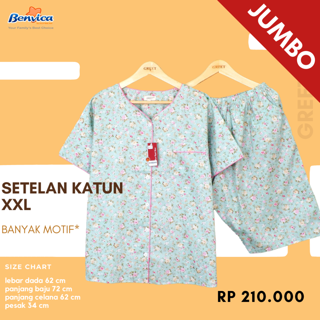 BAJU TIDUR CELANA 3/4 jumbo 2XL katun jepang Premium GREET banyak motif