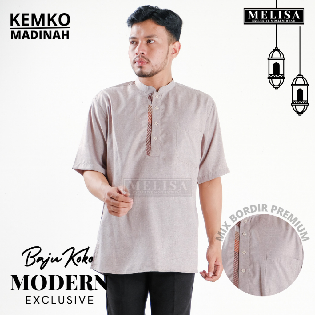 baju koko pria kemko lengan pendek bahan katun madinah motip bordir size M L XL Warna Coklat Susu-B02