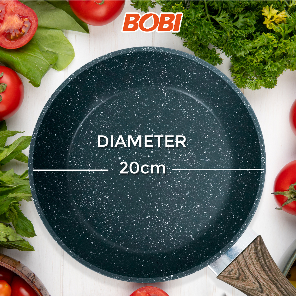 Frypan Cookware kode BB-F-20 atau Wajan Tebal 20cm Pegangan Kayu Anti Lengket // Frypan + Spatula (Warna Random)