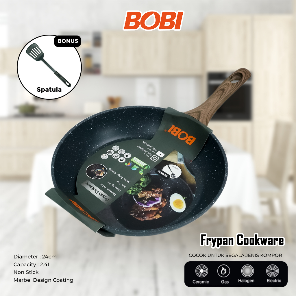 Frypan Cookware kode BB-F-24  atau Wajan Tebal 24cm Pegangan Kayu Anti Lengket // Frypan + Spatula (Warna Random)