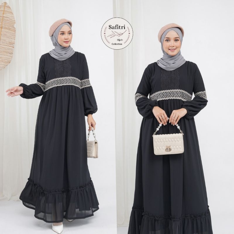 MEDINA DRESS bahan Ceruty (Renda) Rampel Putih Hitam by Safitri Fashion