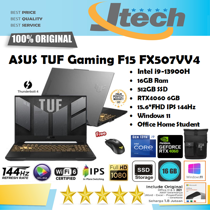 ASUS TUF Gaming F15 FX507VV4 - i9-13900H - 16GB - 512GB SSD - RTX4060 8GB - 15.6&quot;FHD IPS 144Hz 100%sRGB - W11 - OHS