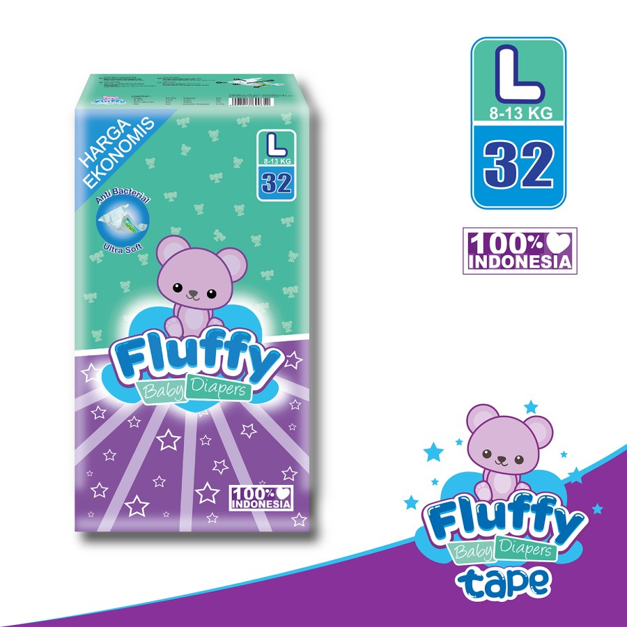 Fluffy Popok bayi Perekat L isi 32 Lembar Baby Diapers NB-L32 (8-13Kg) New Born