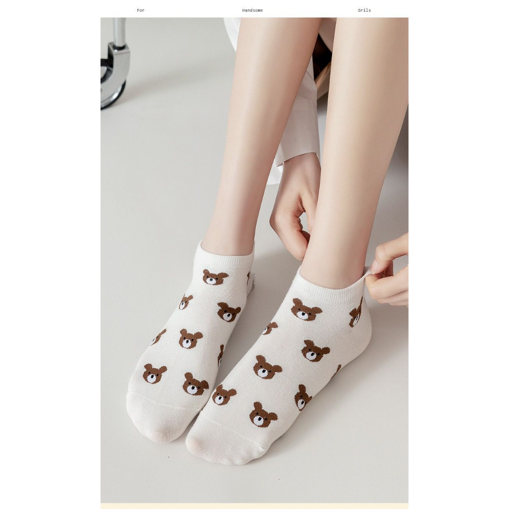 IMPORT Kaos Kaki Wanita Dewasa Remaja Motif Beruang Bear Coklat / Kaos Kaki Pendek Korea Sock Semata Kaki