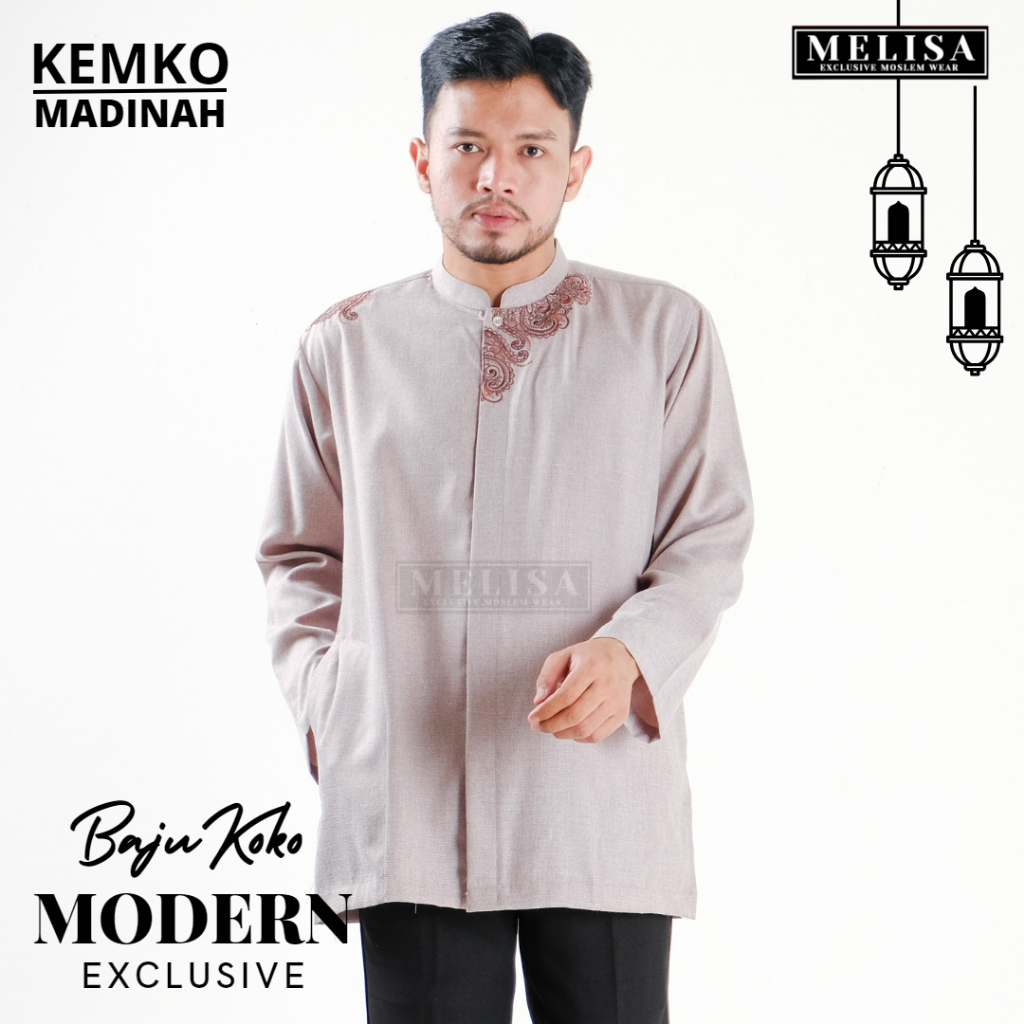 Baju Koko Pria Dewasa Katun Madinah Bordir Lengan Panjang Baju Muslim Remaja Laki Laki Ukuran M L XL - Coklat Susu