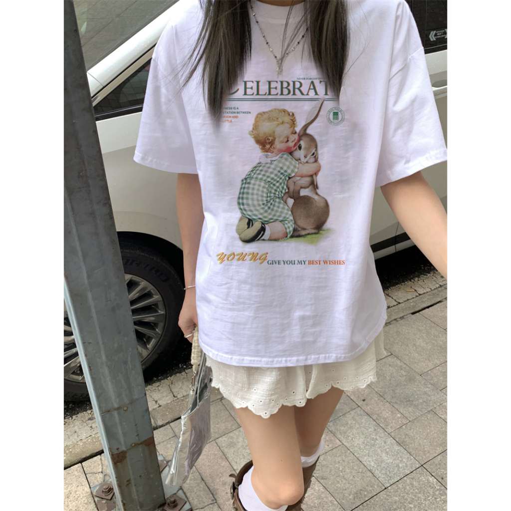 EUNII T-shirt Lengan Pendek Cartoon Boy Bunny Korean Style/Kaos Atasan Wanita/Baju Kaus Oversize Wanita/Kaos Wanita