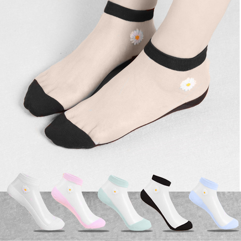 Women Socks Korea Pendek Semata Kaki Termurah Kaos Kaki Pendek Wanita Motif Bunga Daisy Transparan Fashion Anak Ukuran 24cm x 7cm  W1A3