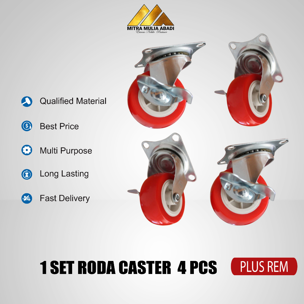 Roda Caster / Roda Merah Nylon / Roda Etalase + Rem 50mm (2inch)