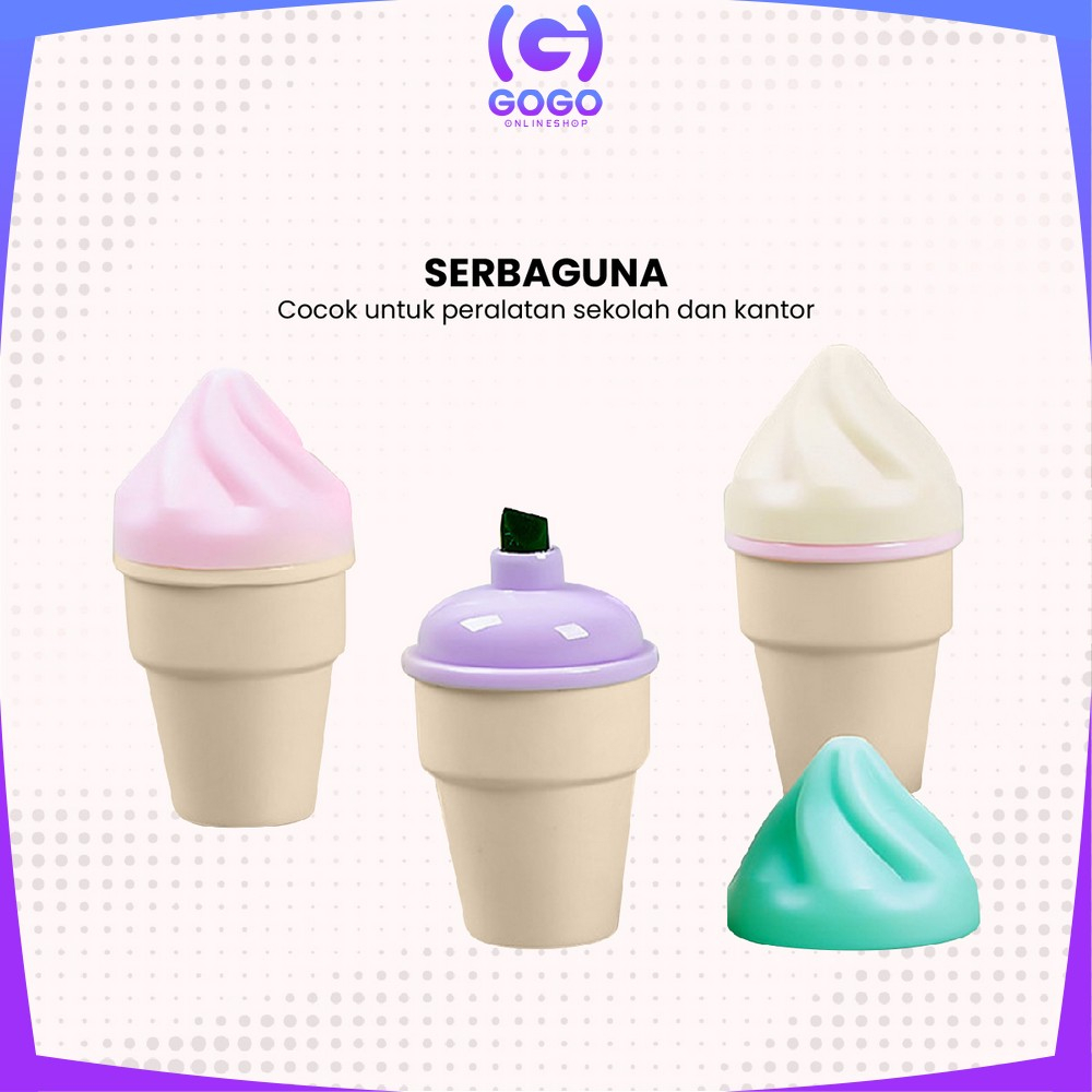 GOGO-A57 Highlighter Pen Es Krim Cone Monas 6 in 1 Free Pouch Penanda Berwarna / Spidol Highlighter Model Ice Cream Cone Unik Alat Tulis kantor Stationery