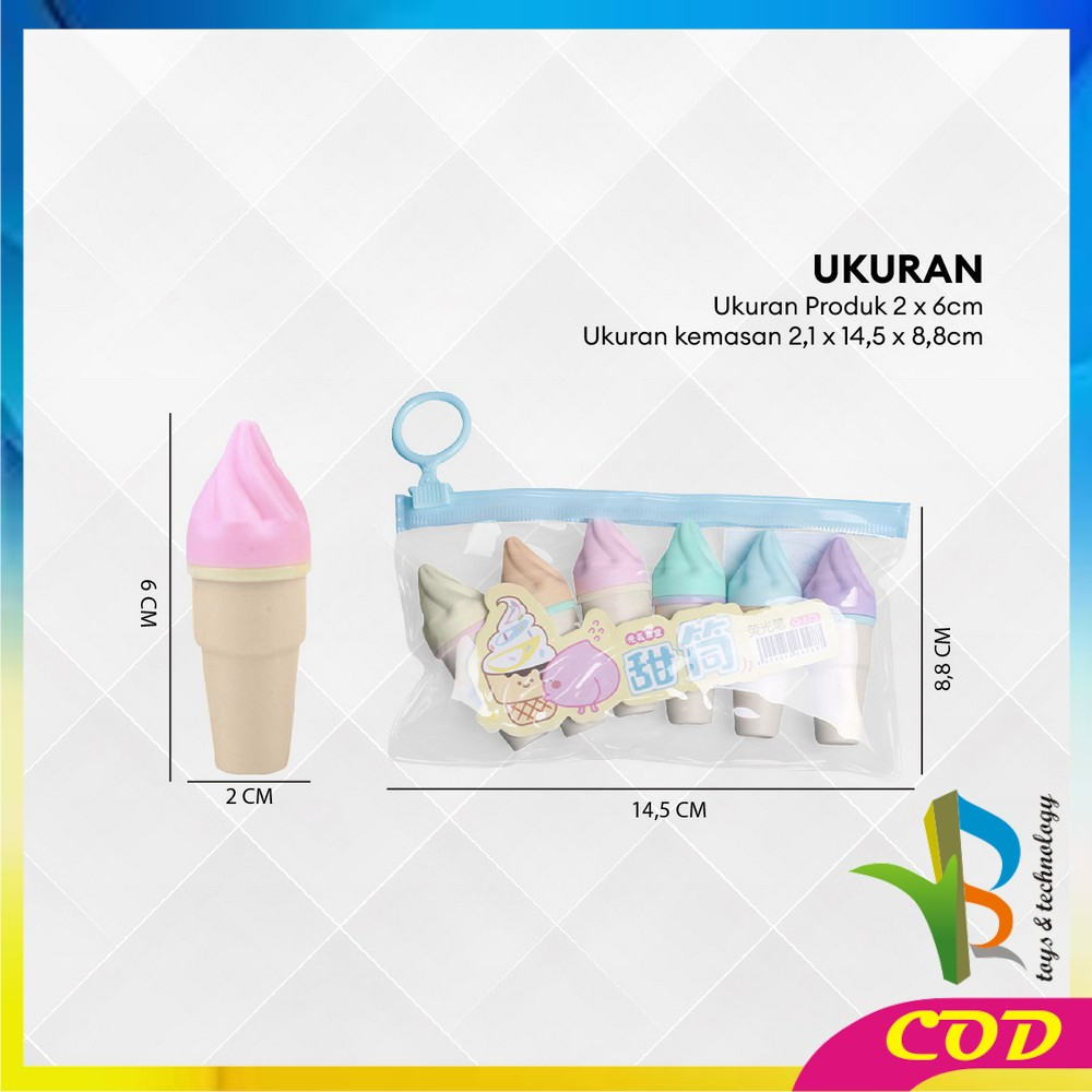 RB-A57 Highlighter Pen Es Krim Cone Monas 6 in 1 Free Pouch Penanda Berwarna / Spidol Highlighter Model Ice Cream Cone Unik Alat Tulis kantor Stationery