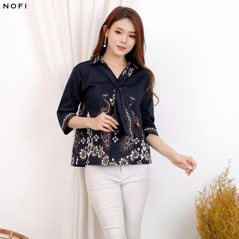 Evercloth Nofi Blouse Wanita Atasan Wanita Batik Couple Top Couple Batik Kemeja Dasi