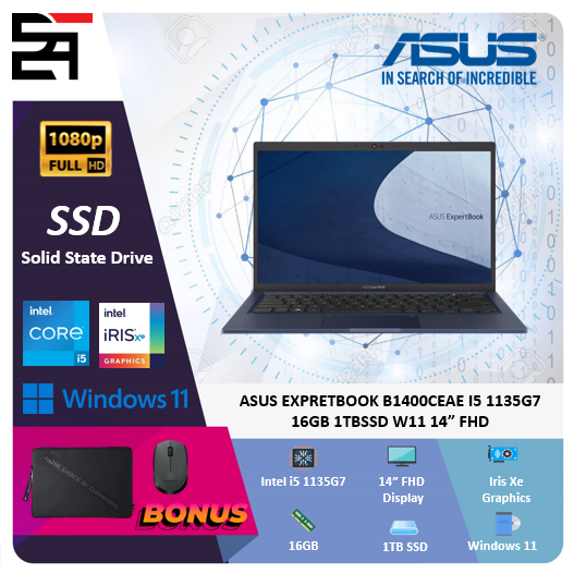 Asus ExpertBook B1400CEAE i5 1135G7 24GB 1TB SSD W11 14 Inchi FHD FREE WIRELESS MOUSE + BAG