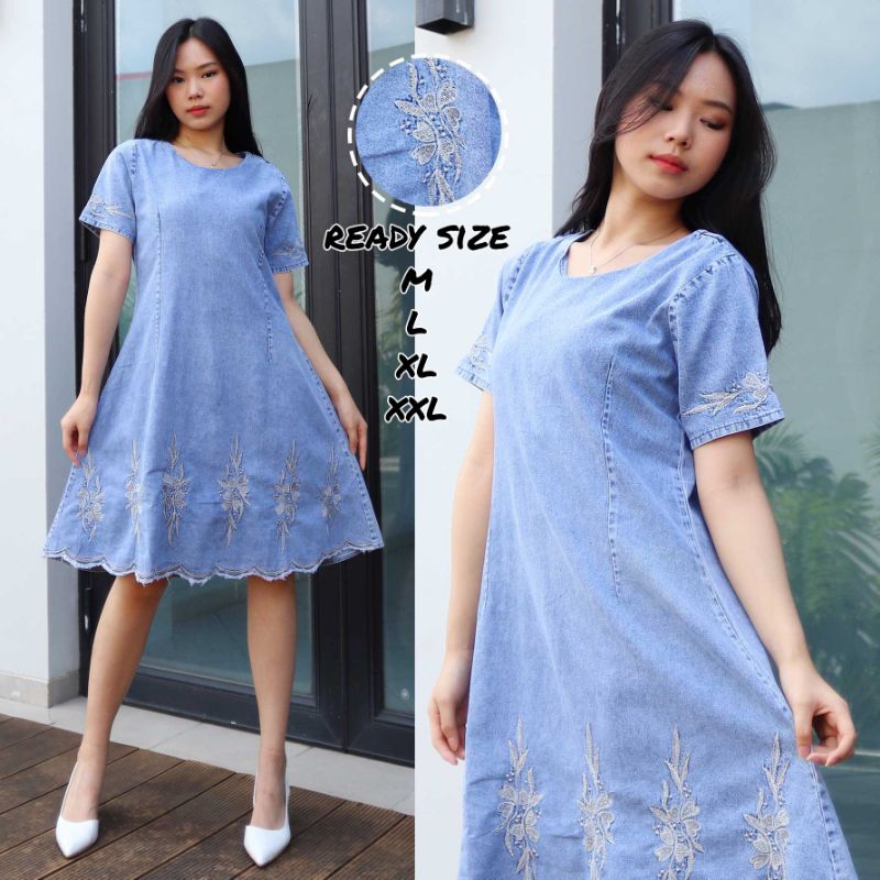 Dress Jeans Bordir Dress Denim Lengan Pendek