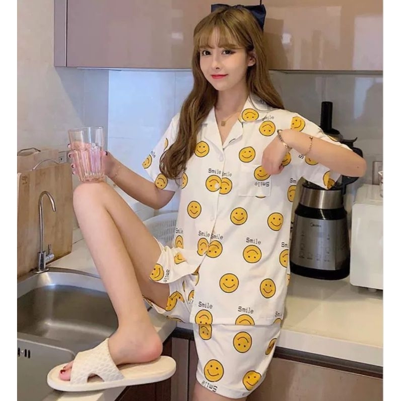 RULIF Piyama Baju Tidur Hotpant Wanita Krah Kancing Lengan pendek Celana Pendek kittybell