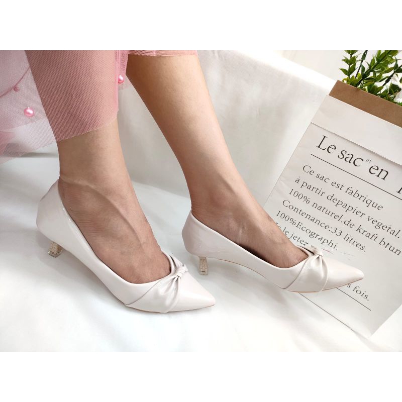 Simoncelli Sepatu Heels Runcing 5 Cm Wanita Mutiara Import Polos Glossy Hitam Black Khaki Apricot Re