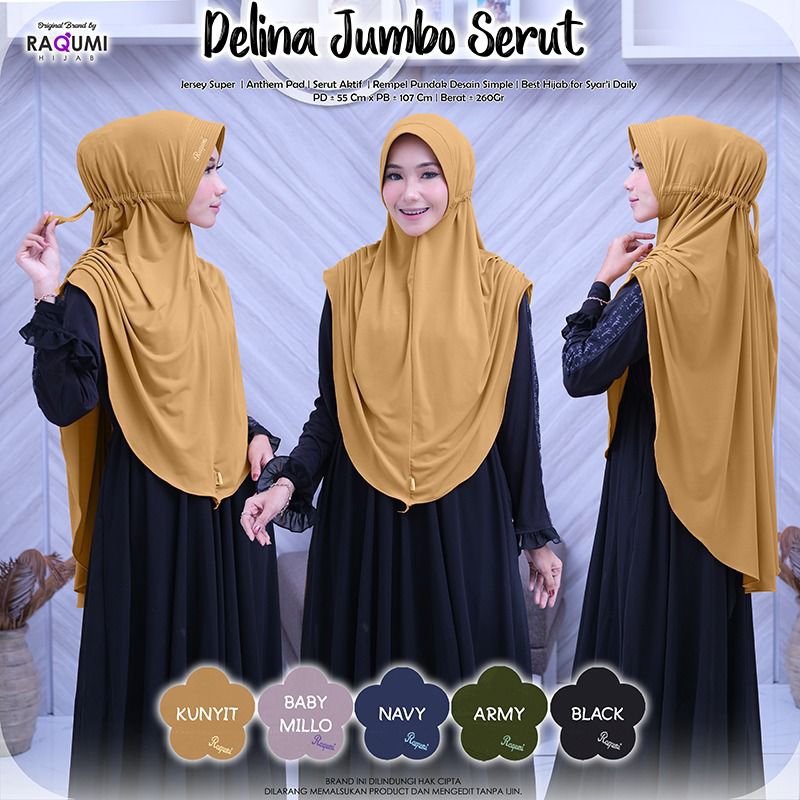 DELINA JUMBO SERUT RAQUMI ORIGINAL | JILBAB JERSEY SERUT JUMBO | JILBAB KUNYIT