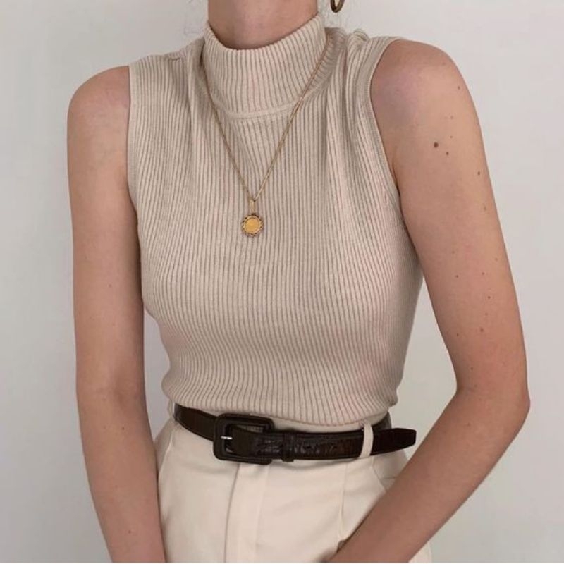 inner turtleneck blazer tanpa lengan bahan rib