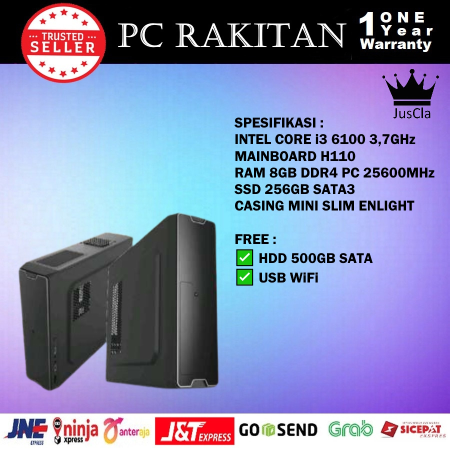 MONITOR 24&quot; + INTEL CORE i3 6100 3,7GHz MINI SLIM PC KOMPUTER|DDR4 16GB|SSD 512GB|HDD 500GB|USB WIFI|COCOK UNTUK OFFICE, BROWSING INTERNET