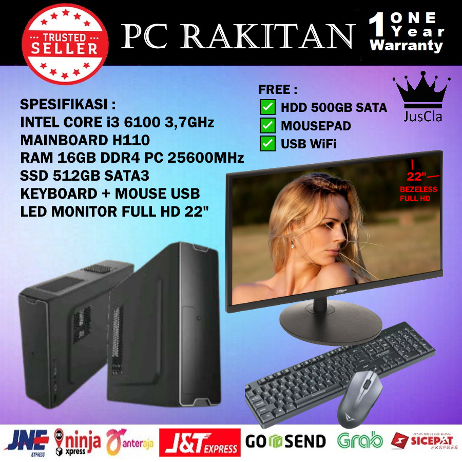 MONITOR 24&quot; + INTEL CORE i3 6100 3,7GHz MINI SLIM PC KOMPUTER|DDR4 16GB|SSD 512GB|HDD 500GB|USB WIFI|COCOK UNTUK OFFICE, BROWSING INTERNET