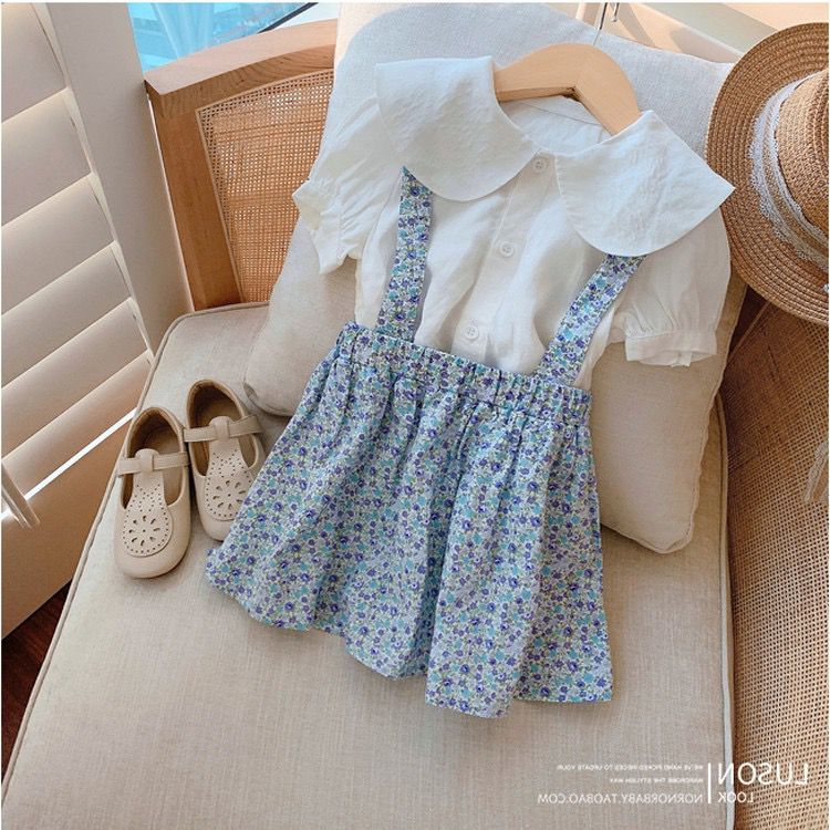 Overall Anak Perempuan Motif Bunga Biru Kemeja Putih Keerah Lengan Balon