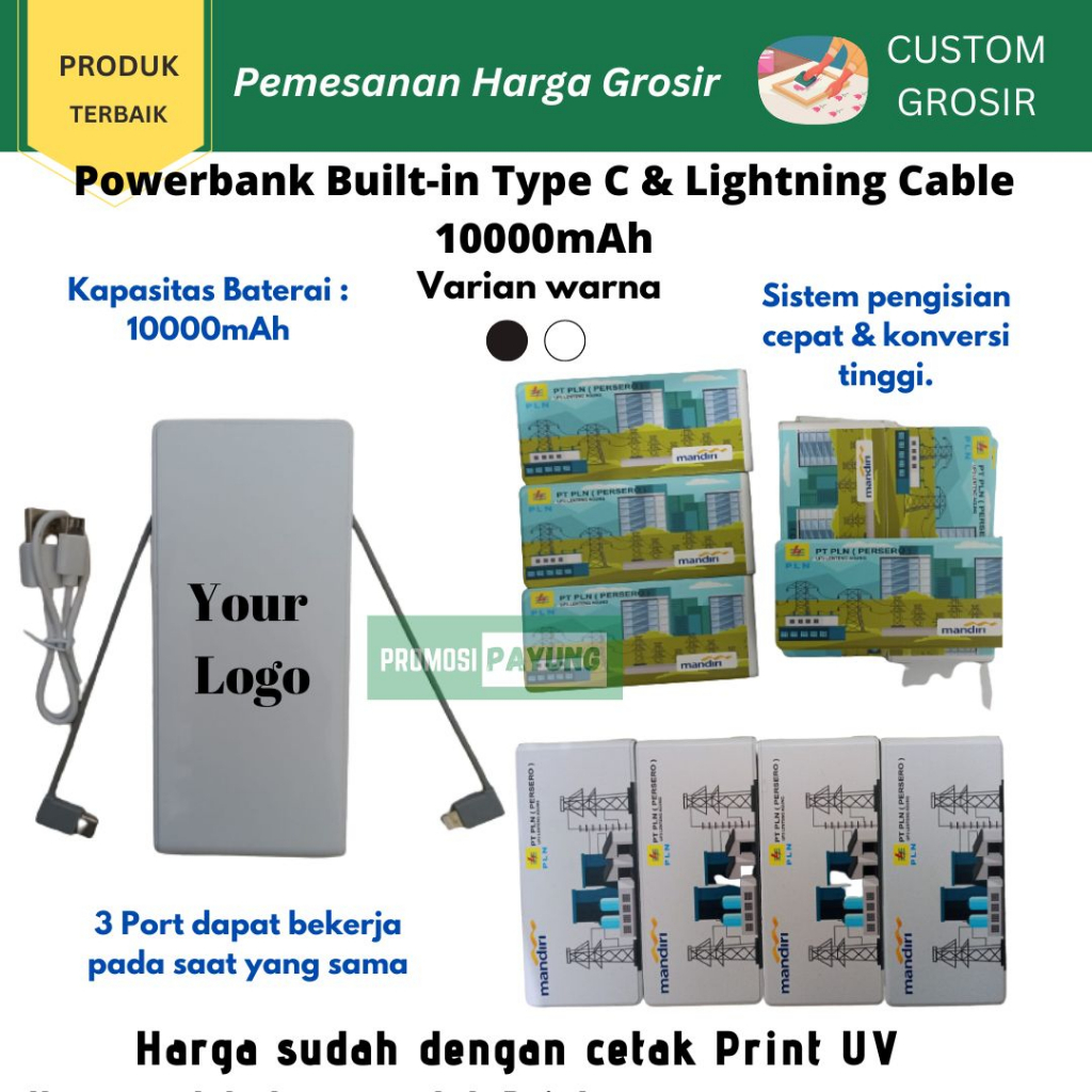 [ Custom Grosir ] Powerbank Built-in Type C &amp; Lightning Cable 10000mAh dengan cetak Print UV full colour design perusahaan ulang tahun souvenir promosi
