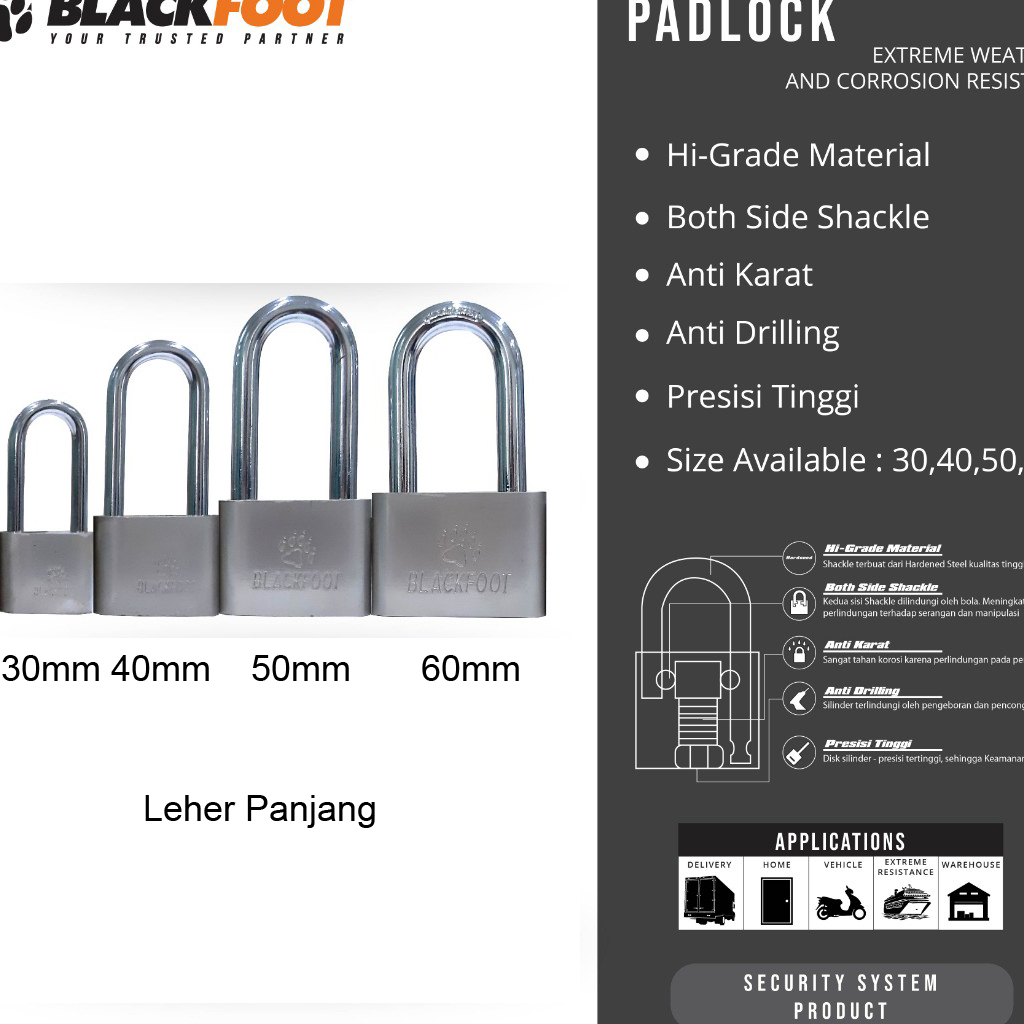 Blackfoot Gembok Leher Panjang 60 Mm 50 Mm 40 Mm 30 Mm /  Gembok Anti Karat Anti Drilling / Gembok Pagar