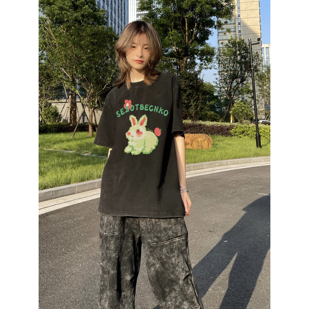 EUNII T-shirt Lengan Pendek Black Washed Cute Rabbit Printing Korean Style/Kaos Atasan Wanita/Baju Wanita/Kaos Wanita