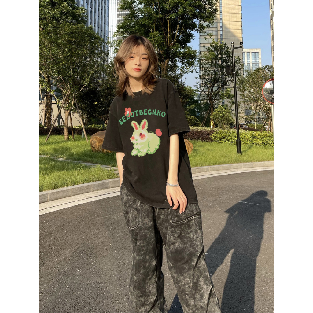 EUNII T-shirt Lengan Pendek Black Washed Cute Rabbit Printing Korean Style/Kaos Atasan Wanita/Baju Wanita/Kaos Wanita