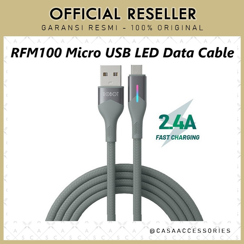 Robot RFM100 Micro USB Braided Kabel Data Cable 2.4A RGB LED Light