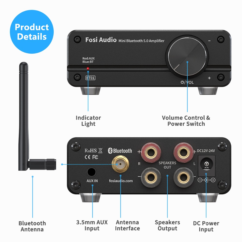 Fosi Audio Amplifier Bluetooth 5.0 HiFi Class D 2 Channel 50Wx2 - BT01 - Black